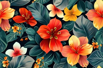 Tropical Flowers and Leaves Seamless Pattern on Black Background Illustration for Online Use