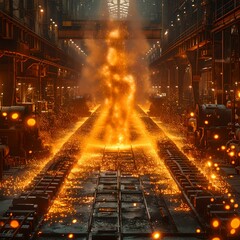 Fiery figure emerges on city railway track at twilight. mysterious, captivating digital art. surreal fantasy scene. generative AI