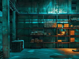 Eerie Industrial Warehouse at Night. Empty Shelves and Mysterious Atmosphere. Dark and Moody Lighting. Urban Exploration. Generative AI