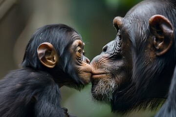 Tender Moment Between Chimpanzees Captured. A Young Chimp Kisses an Adult. Wildlife Family Scene. Expressive Primate Bonding. Generative AI