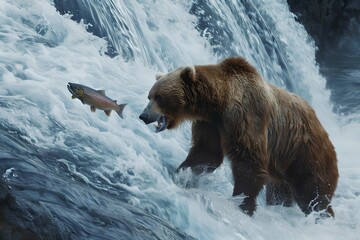 Majestic Brown Bear Catching Salmon in a Rushing River. Wildlife Scene. Nature Illustration. Realistic Digital Painting. Generative AI