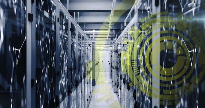 Image of loading circles and connected dots on server racks of server room