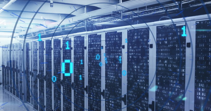 Image of looping binary codes in circular tunnel over bars on server racks in server room