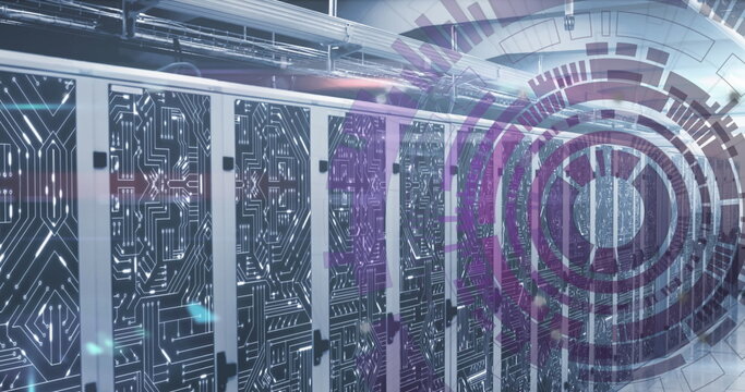 Image of loading circles over circuit board pattern on server racks in server room - Powered by Adobe