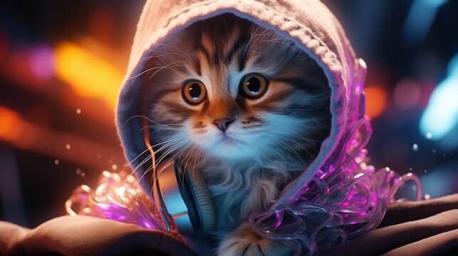 A holographic DJ kitten performing at a futuristic music festival, its wool scarf pulsating with LED lights
