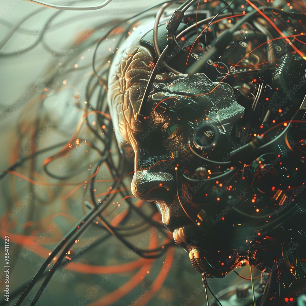 Aufkleber Futuristic cyborg profile with intricate wiring and interface points, blurring the line between human and machine.