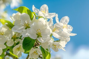 Fresh spring blossoms under a blue sky. White flowers bloom. Nature's beauty captured in vivid detail. Generative AI