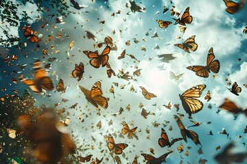 Swarms of Monarch Butterflies Soaring in Sunlit Sky. A Dreamy and Enchanting Wildlife Scene. Captured in Vibrant Colors. Perfect for Natural Themes. Generative AI