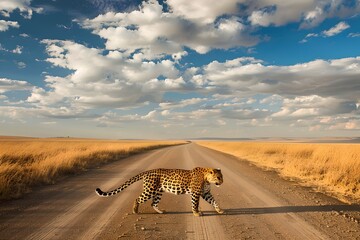 Majestic Cheetah Crossing a Lonely Road Amidst Vast Savannah. Wildlife meets Tranquility. Nature, Travel, and Adventure. Generative AI