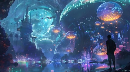 Fototapeta na wymiar futuristic underwater city with bioluminescent sea creatures and advanced technology digital concept art