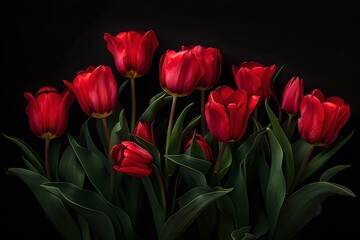 Elegant red tulips against a dark background. Vibrant floral arrangement. Perfect for spring-themed designs. Generative AI