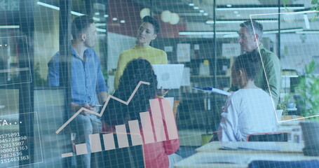 Image of graphs and computer language over diverse woman with laptop discussing with colleagues