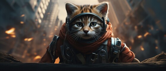 A kitten with a jetpack and a flameretardant wool scarf zooming through a futuristic cityscape - obrazy, fototapety, plakaty