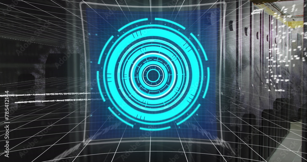 Poster image of screens with data processing against computer server room