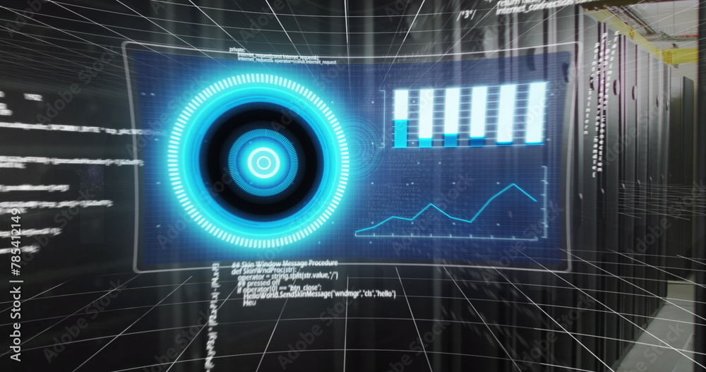 Poster image of screens with data processing against computer server room