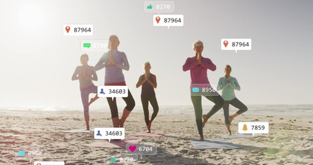 Image of social media data processing over diverse women exercising on beach