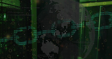 Image of security chain icon over spinning globe and data processing against server room
