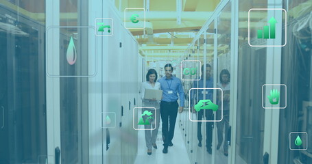 Image of eco icons and data processing over diverse it people and computer servers - Powered by Adobe