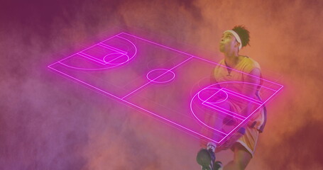 Image of pink court and powder explosion over african american male basketball player with ball