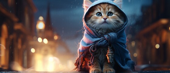A magical kitten with a spellcasting wool scarf in a hightech, magical academy - obrazy, fototapety, plakaty