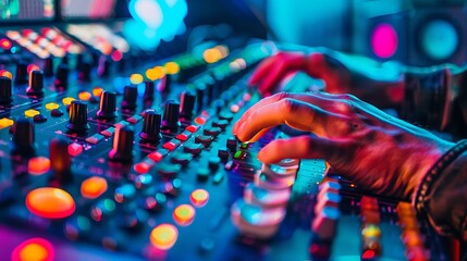 DJ hands mixing music on a mixer in nightclub, close-up