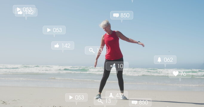 Image of social media data processing over caucasian women exercising on beach