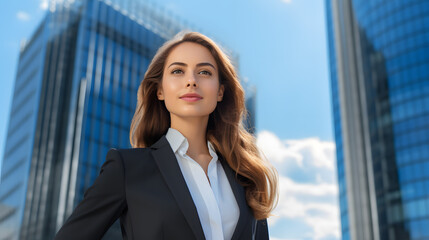 Fototapeta premium business woman leader entrepreneur, professional manager standing on the street in big city on sky background.