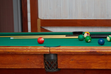 Two cues and balls on a pool table, a game of pool, pool table with balls and cue