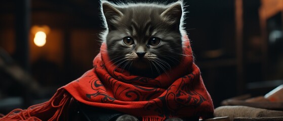 A phantom thief kitten with a sleek, shadowy wool scarf performing a heist in a highsecurity museum  Color Grading Complementary Color - obrazy, fototapety, plakaty