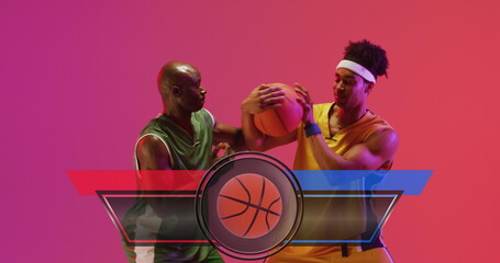 Image of scoreboard template over african american male basketball opponents playing for ball