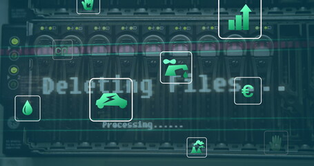 Image of eco icons and data processing over computer servers