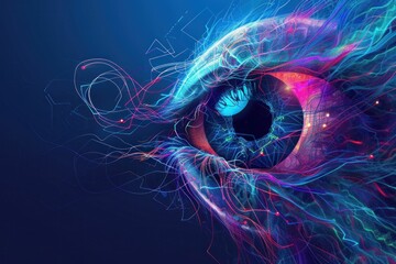 Abstract Portrait of Human Eye with Glowing Blue and Pink Light Emitting from Iris and Pupil