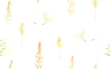 Grass Seamless Watercolor Pattern. Summer Grass Motif. Vintage Garden Wallpapaer.. Botanical Meadow Border. Plantago and Apera Dried Wild Plants. Abstract Floral Illustration. Fortuna Gold and Yellow