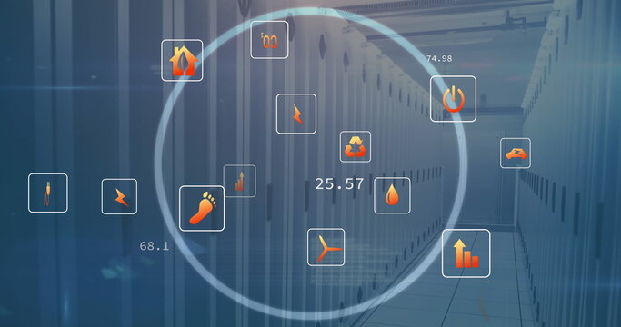 Image of eco icons and data processing over computer servers