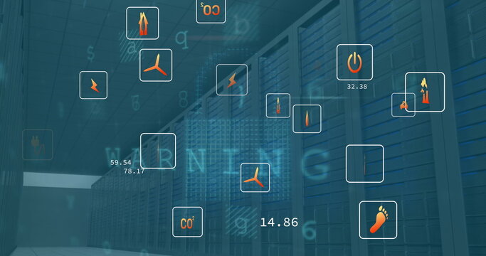 Image of eco icons and data processing over computer servers