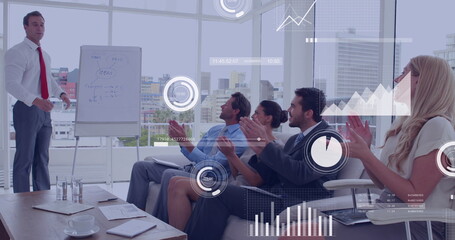 Image of financial data processing over diverse business people in office - Powered by Adobe