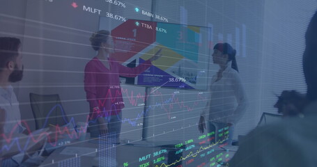 Image of financial data processing over diverse business people in office