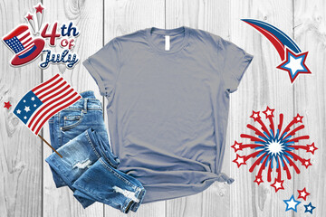 4th of july Grey shirt Mockup with usa flag for mockup design, fourth july celebration, 4th of July USA Independence Day, Celebration memorial day in America.