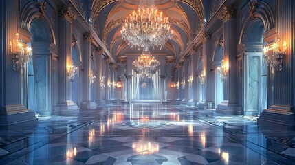 grand ballroom interior with stunning crystal chandelier and polished marble floor elegant architecture digital painting - obrazy, fototapety, plakaty