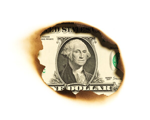 burnt savings concept background. one us dollar paper in hole - 785412994
