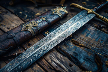 Medieval Weapons.  Generated Image.  A digital rendering of medieval weapons with metal filigree decoration.