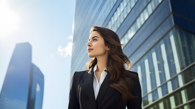 business woman leader entrepreneur, professional manager  standing on the street in big city on sky background.