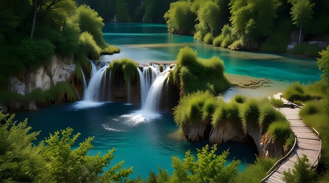 Exotic waterfall and lake landscape of Plitvice Lakes .Generative AI