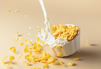 Dry honey cornflakes with milk splashes in a ceramic plate. - 785413323