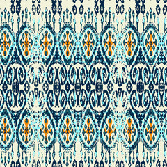 Ethnic Vector Pattern. Bohemian Peacock Print. Blue and Indigo Abstract Modern Batik. Geometric Ikat Seamless Design. Vintage Ornament. Rhombus Watercolor Background. Fashion Retro Art.