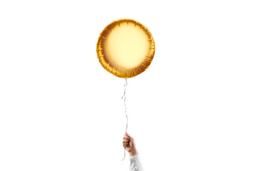 Hand holding blank gold round balloon mockup, isolated