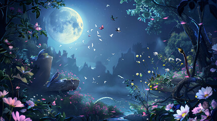 Moonlit garden filled with fragrant flowers and singing - obrazy, fototapety, plakaty