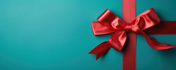 Red ribbon with bow on turquoise background, Christmas card concept. Space for text. Red and Turquoise Background