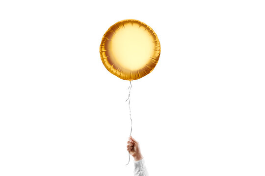 Hand holding blank gold round balloon mockup, isolated