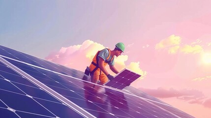 hardworking man installing solar panels on roof sustainable energy and green living concept realistic illustration - obrazy, fototapety, plakaty